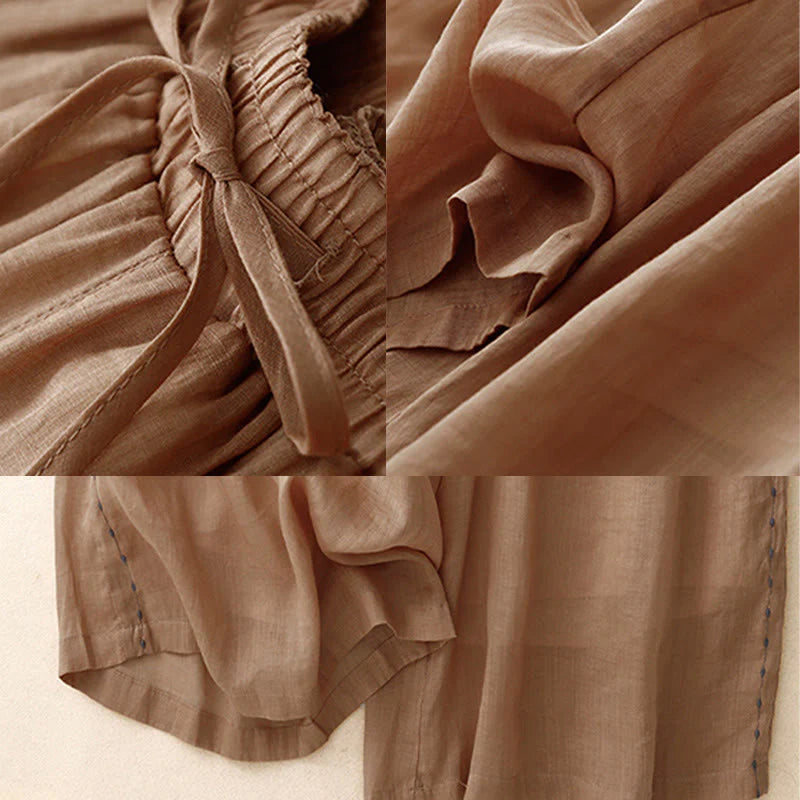 Buddha Stones Commute Solid Color Embroidery Drawstring Women's Wide Leg Ankle-Length Cotton Pants With Pockets