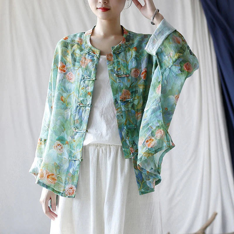 Buddha Stones Pink Flowers Green Leaves Print Frog-button Design Long Sleeve Ramie Linen Jacket Shirt