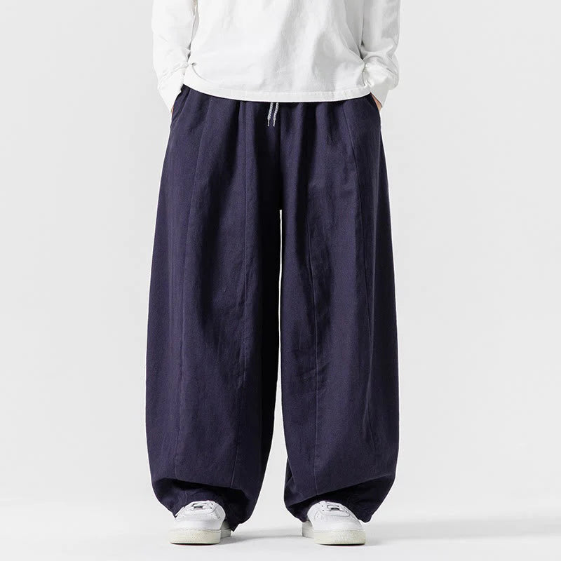 Buddha Stones Fall Solid Color Cotton Elastic Waist Men's Harem Pants With Pockets