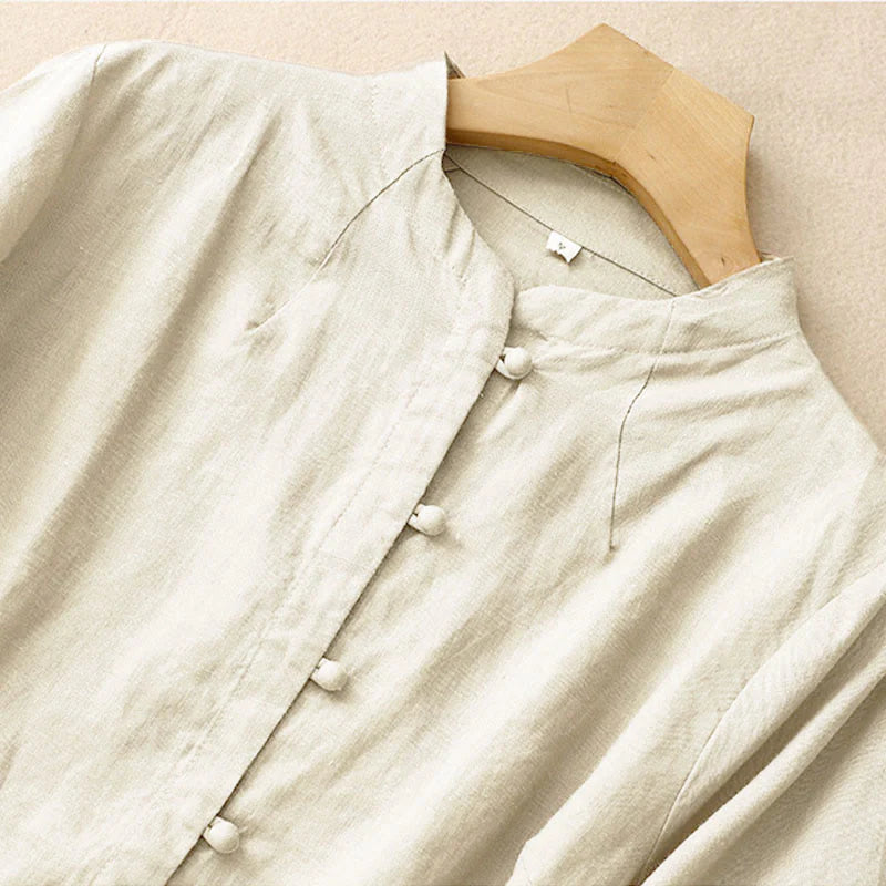 Buddha Stones Summer Women's Cotton Short Sleeve Stand Collar Side Slit Frog-Button Design Shirt
