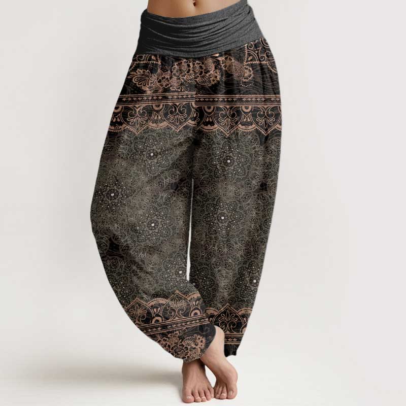 Buddha Stones Cotton Elegant Mandala Flowers Design Women's Elastic Waist Harem Pants