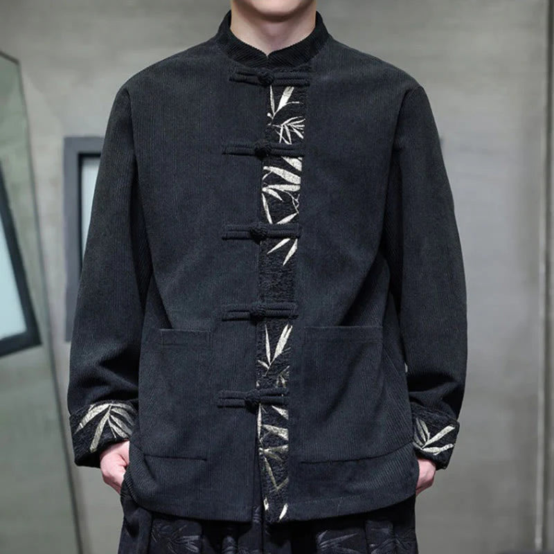 Buddha Stones Fall Bamboo Frog-Button Long Sleeve Men's Corduroy Cotton Jacket With Pockets