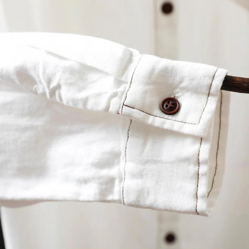 Buddha Stones Fall Buttons Down Pocket Decor Design Women's Stand Collar Long Sleeve Cotton Shirt