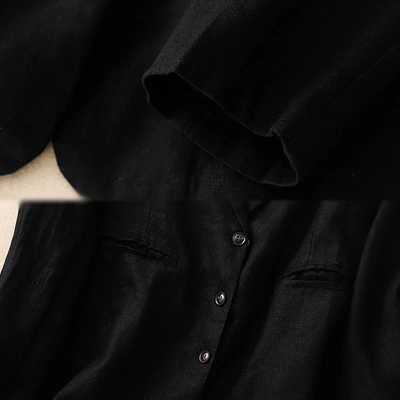Buddha Stones Commute Retro Pure Color Lapel Cotton Linen Women's Jacket With Pockets