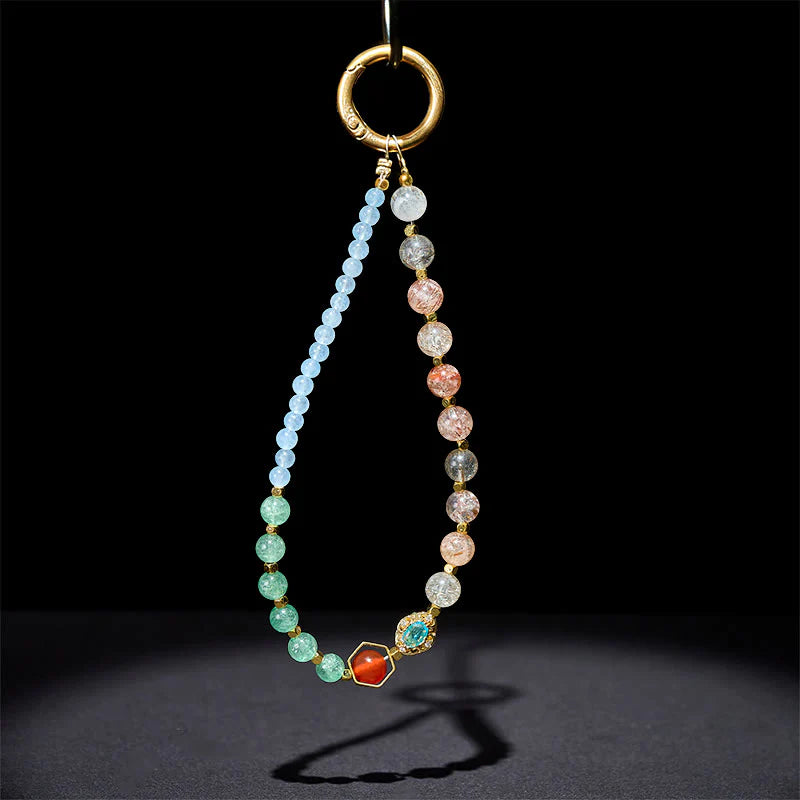 Buddha Stones Super Seven Crystal Blue Chalcedony Beaded Healing Key Chain Phone Hanging Decoration