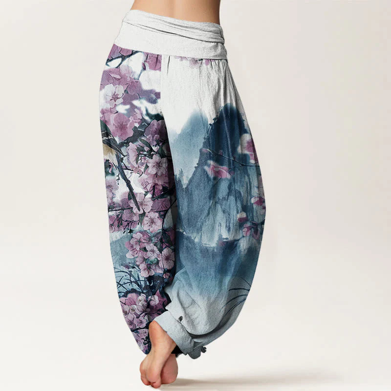Buddha Stones Cotton Bird Cherry Blossom Mountains Pattern Women's Elastic Waist Harem Pants