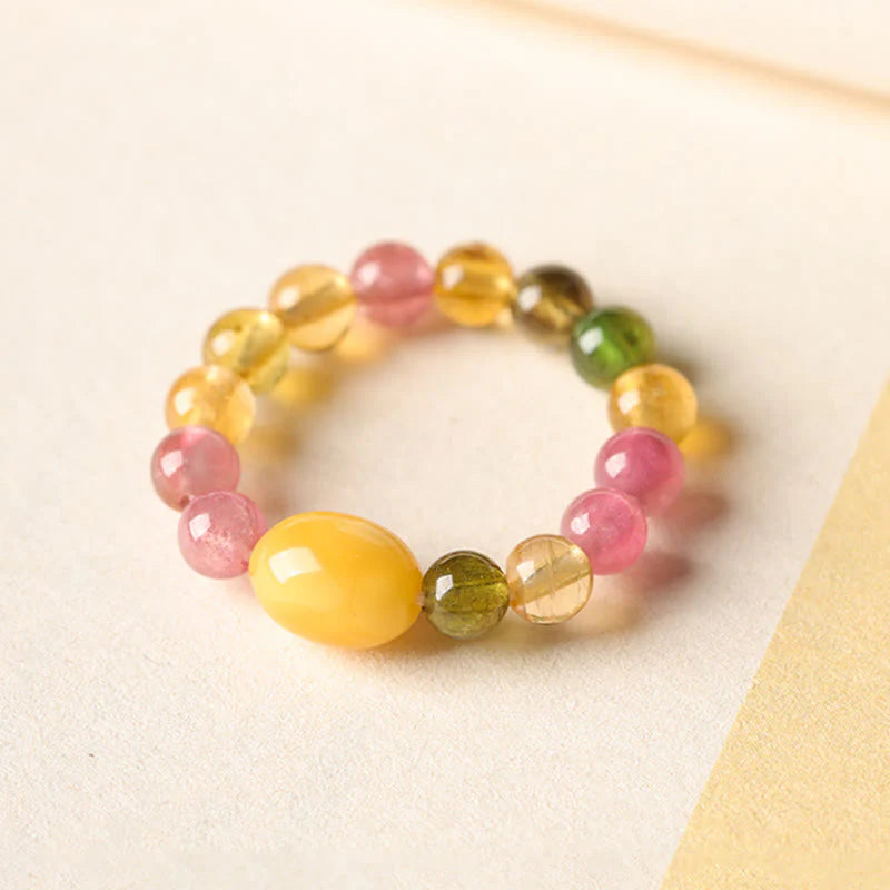 Buddha Stones Natural Tourmaline Lucky Pearl Pixiu Amber Positive Love Ring