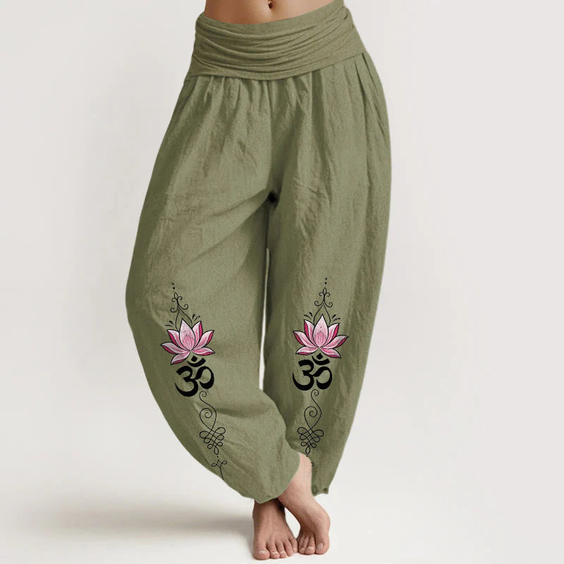 Buddha Stones Cotton OM Sanskrit Design Lotus Flower Pattern Women's Elastic Waist Harem Pants