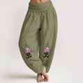Buddha Stones Cotton OM Sanskrit Design Lotus Flower Pattern Women's Elastic Waist Harem Pants