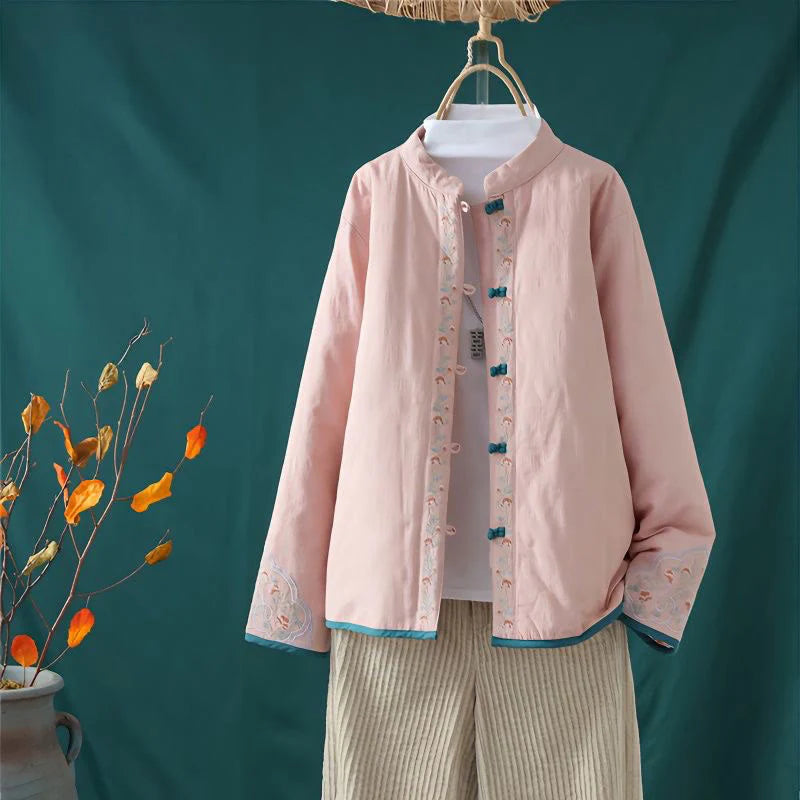 Buddha Stones Winter Frog-Button Embroidery Flowers Vines Open Front Cotton Long Sleeve Women's Thermal Jacket