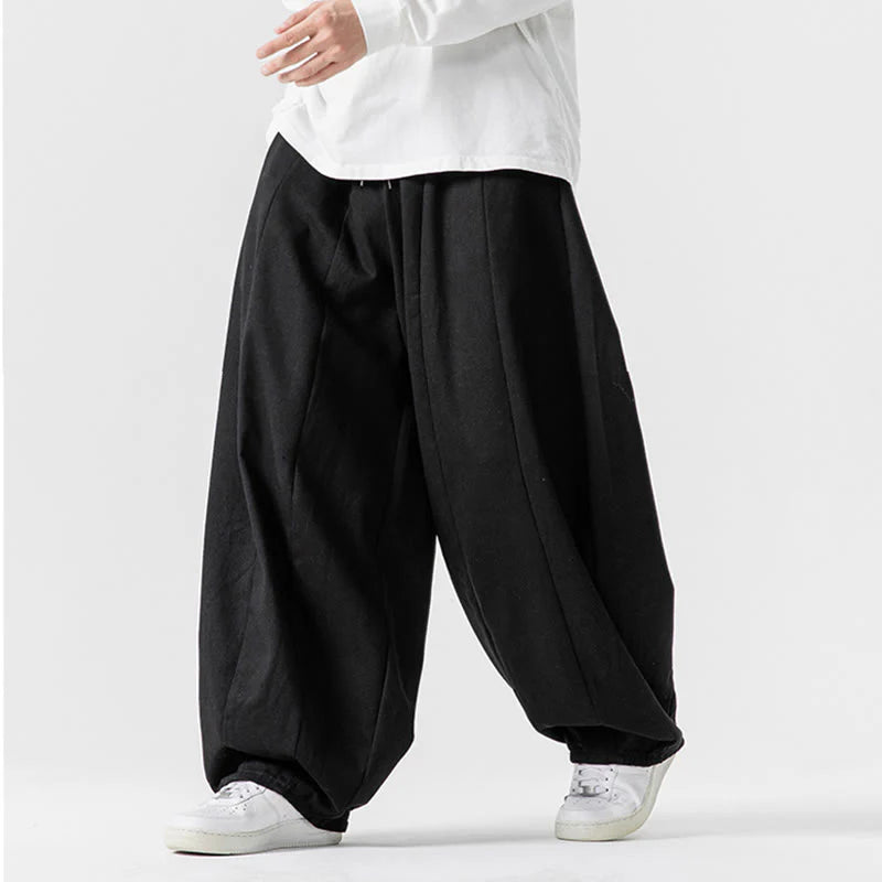 Buddha Stones Winter Commute Plain Drawstring Design Men's Wide Leg Cotton Pants With Pockets