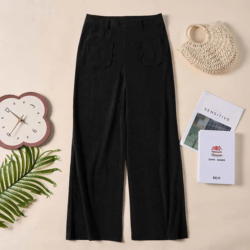 Buddha Stones Plain Corduroy Polyester Women's Buttons Wide Leg Pants With Pockets