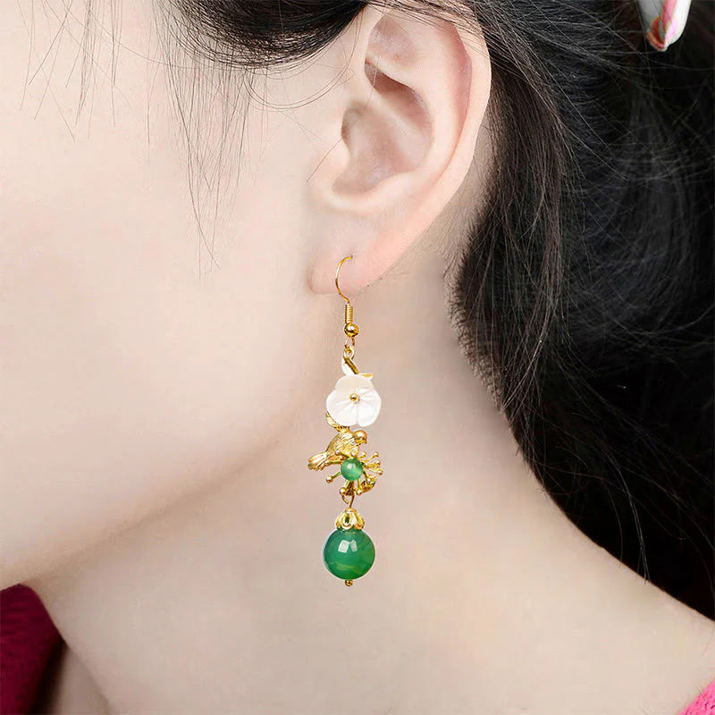 Buddha Stones Green Agate Bead White Flower Bird Power Drop Earrings