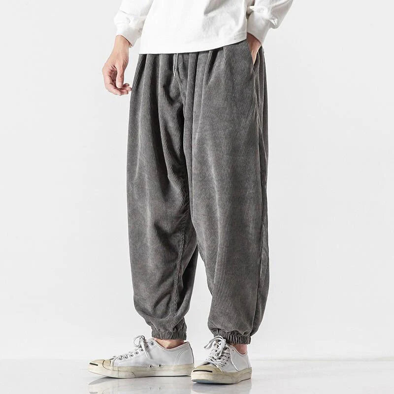 Buddha Stones Casual Pure Color Men's Drawstring Corduroy Harem Ankle-Length Pants With Pockets