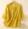 Buddha Stones Summer Casual Flower Branches Embroidered Pattern V-Neck Half Sleeve Cotton Linen Women's T-shirt
