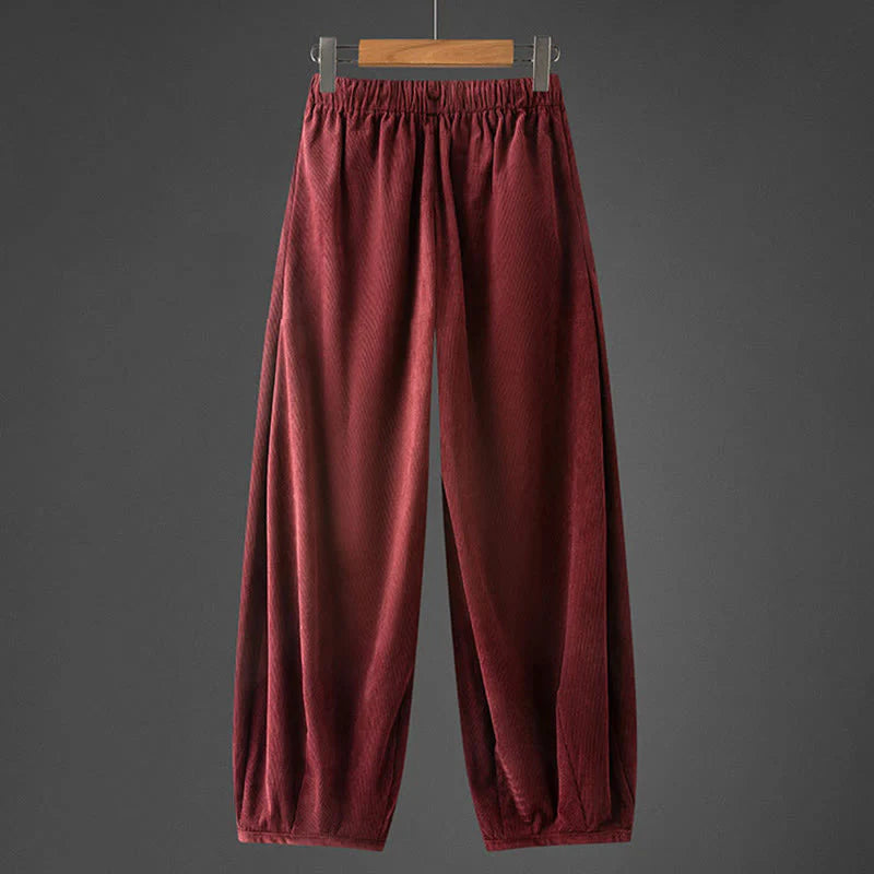 Buddha Stones Winter Men's Drawstring Plain Elastic Waistband Design Corduroy Pants With Pockets