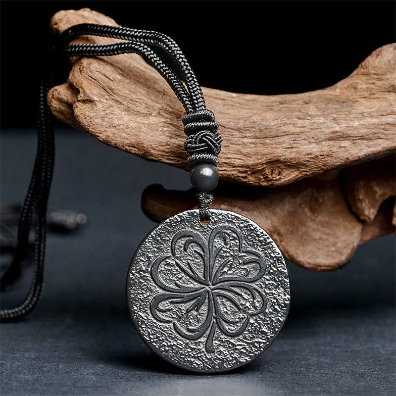 Buddha Stones Four Leaf Clover Authentic Shungite Stone Graphite Stone Protection Necklace Pendant