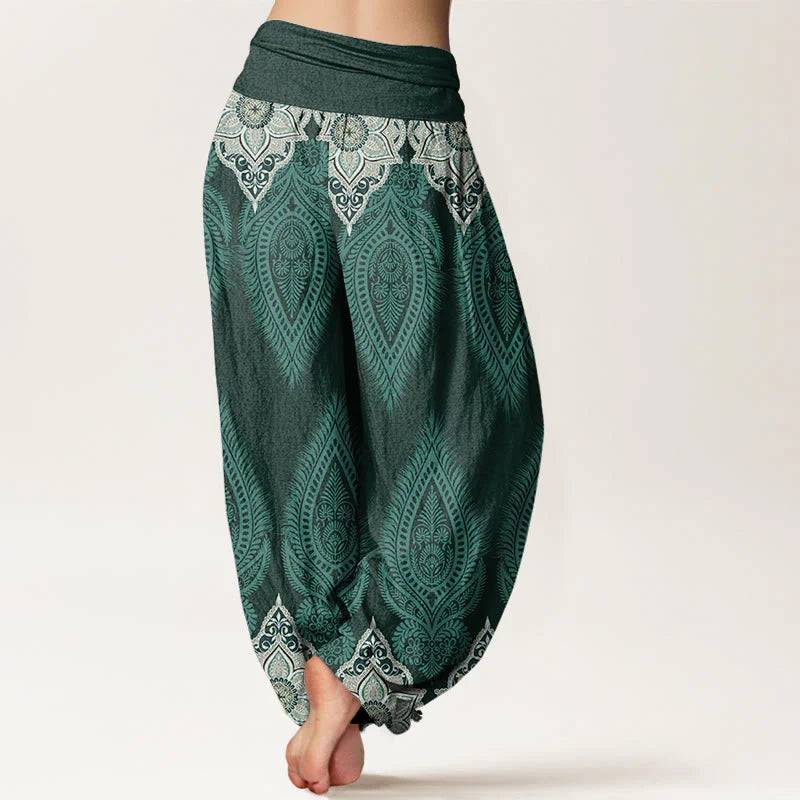 Buddha Stones Cotton Casual Feather Flower Design Women's Elastic Waist Harem Pants