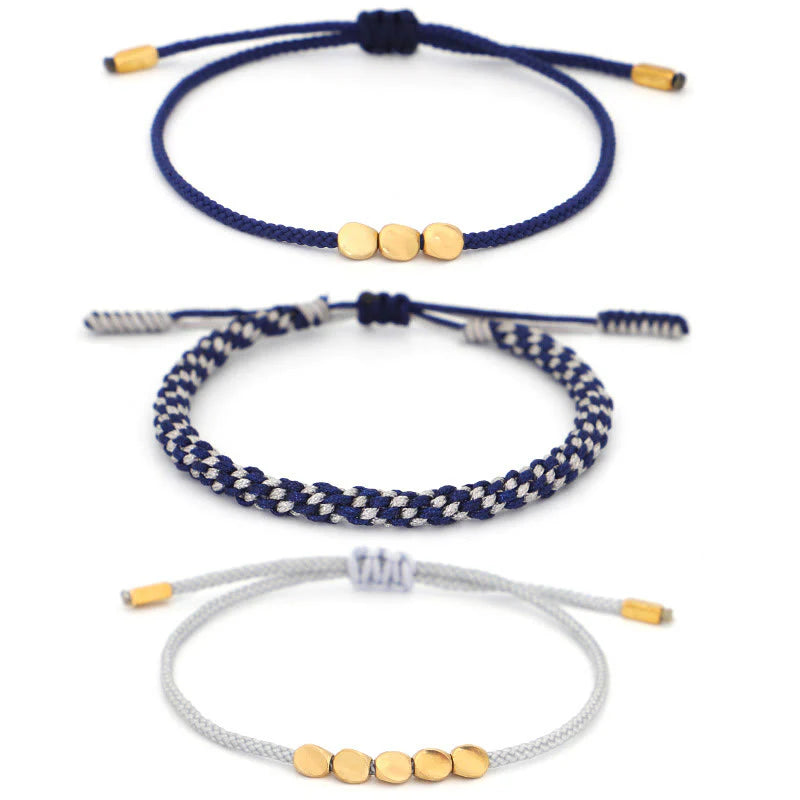 Buddha Stones 3Pcs Blue Gray String Golden Copper Beads Self Care Bracelet