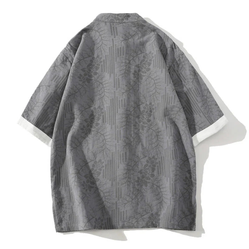 Buddha Stones Casual Summer Jacquard Floral Pattern Frog-Button Men's Stand Collar Contrasting Color Half Sleeve Cotton Cardigan Shirt
