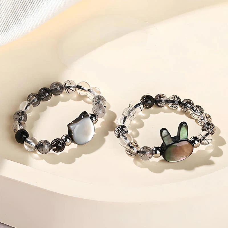 Buddha Stones 3mm Black Rutilated Quartz Tridacna Stone Rabbit Cat Ring