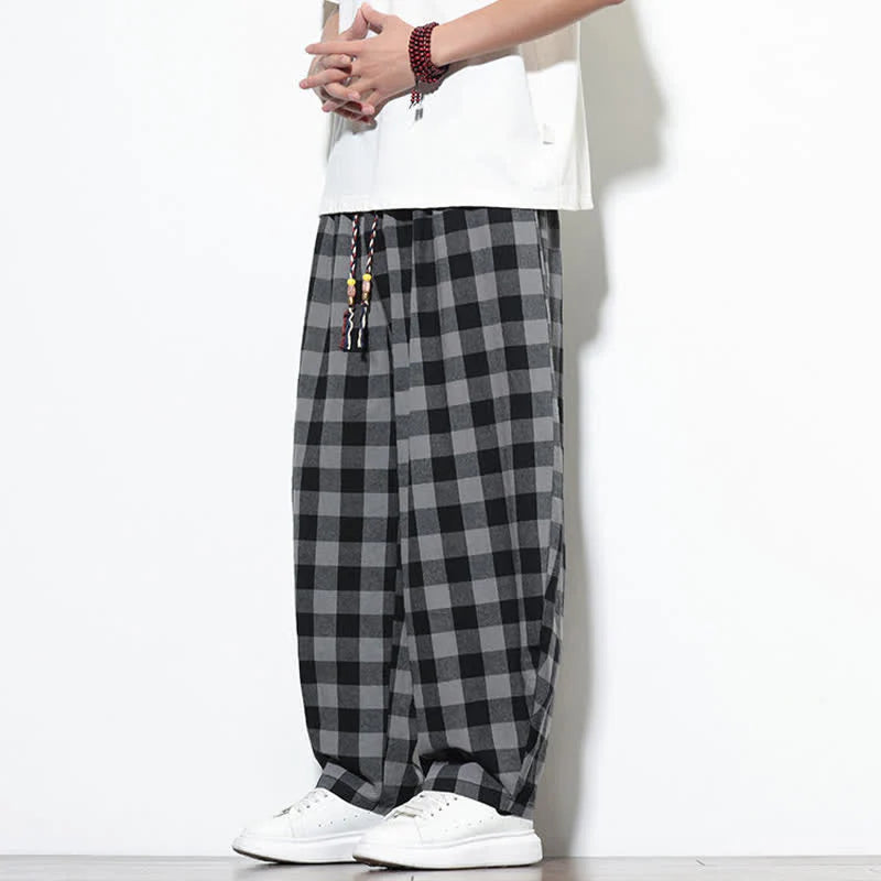 Buddha Stones Summer Plaid Pattern High Waist Drawstring Men's Harem Pants With Pockets