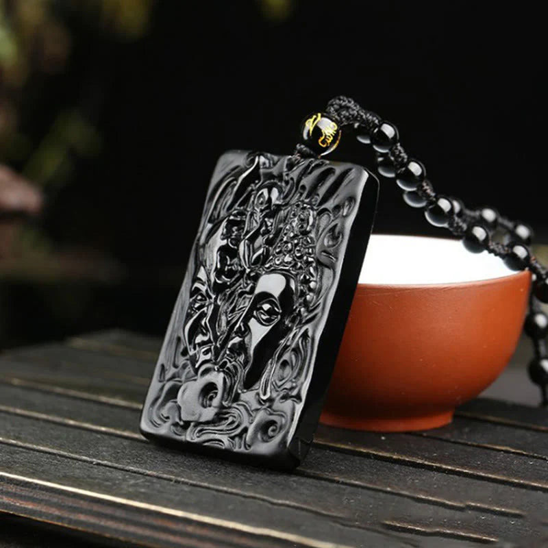 Buddha Stones Natural Black Obsidian Buddha Devil Pattern Strength Necklace Pendant