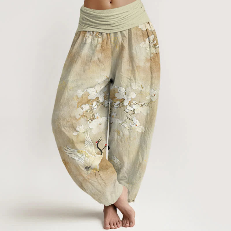 Buddha Stones Crane Blooming Flowers High Waist Women's Harem Pure Cotton Pants
