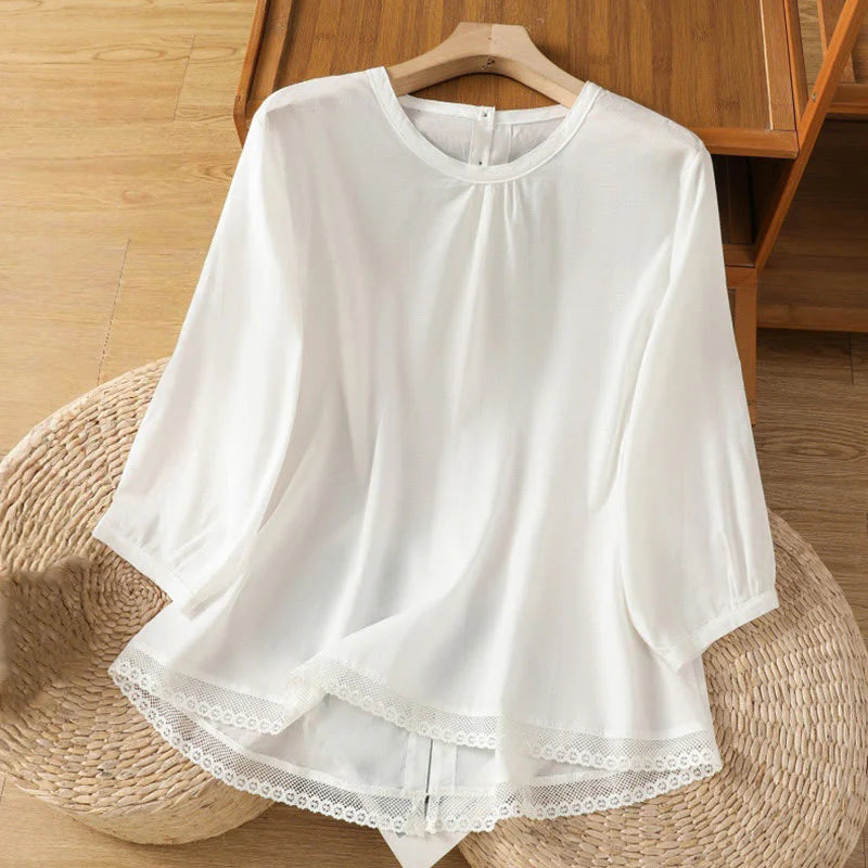 Buddha Stones Plain Lace Hem Single Breasted Button Cotton Linen Three Quarter Sleeve Women's Crew Neck Shirt