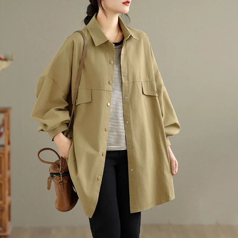 Buddha Stones Fall Pure Color Lapel Button Simple Design Women's Cotton Long Sleeve Jacket