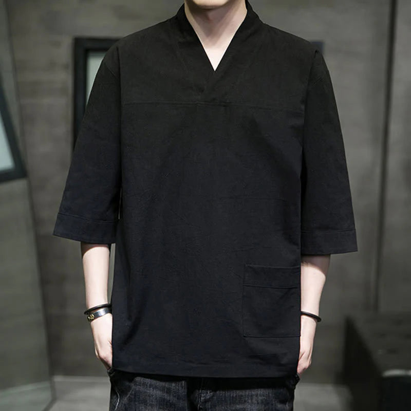 Buddha Stones Summer Casual Simple V-Neck Design Men's Cotton Linen Three Quarter Sleeve T-Shirt With Front Pocket