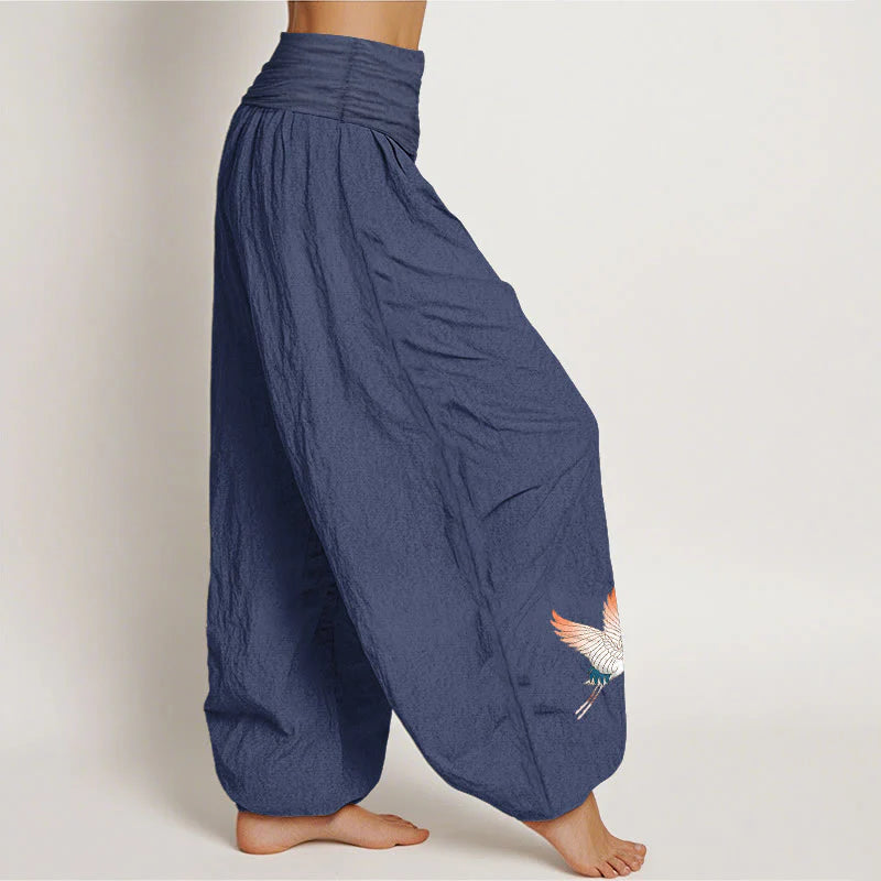 Buddha Stones Two Graceful Cranes Pattern Pure Cotton Women's Elastic Waist Harem Pants