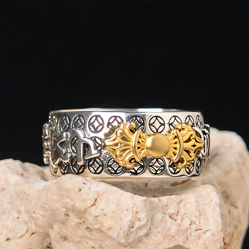 Buddha Stones Vintage Om Mani Padme Hum Vajra Copper Plated Silver Balance Ring