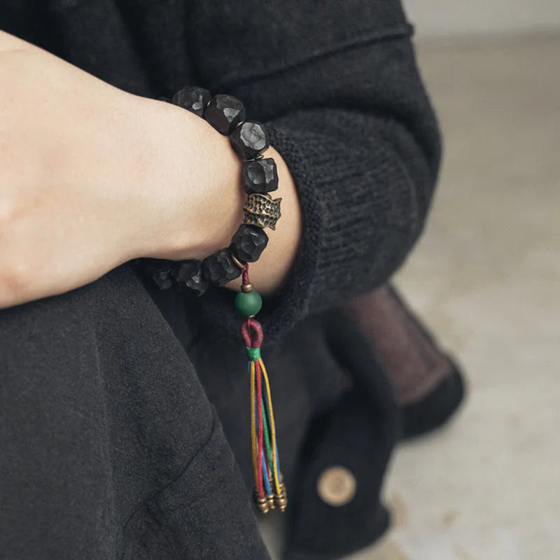 Buddha Stones Tibet Ebony Wood Copper Peace Tassel Wrist Mala Bracelet