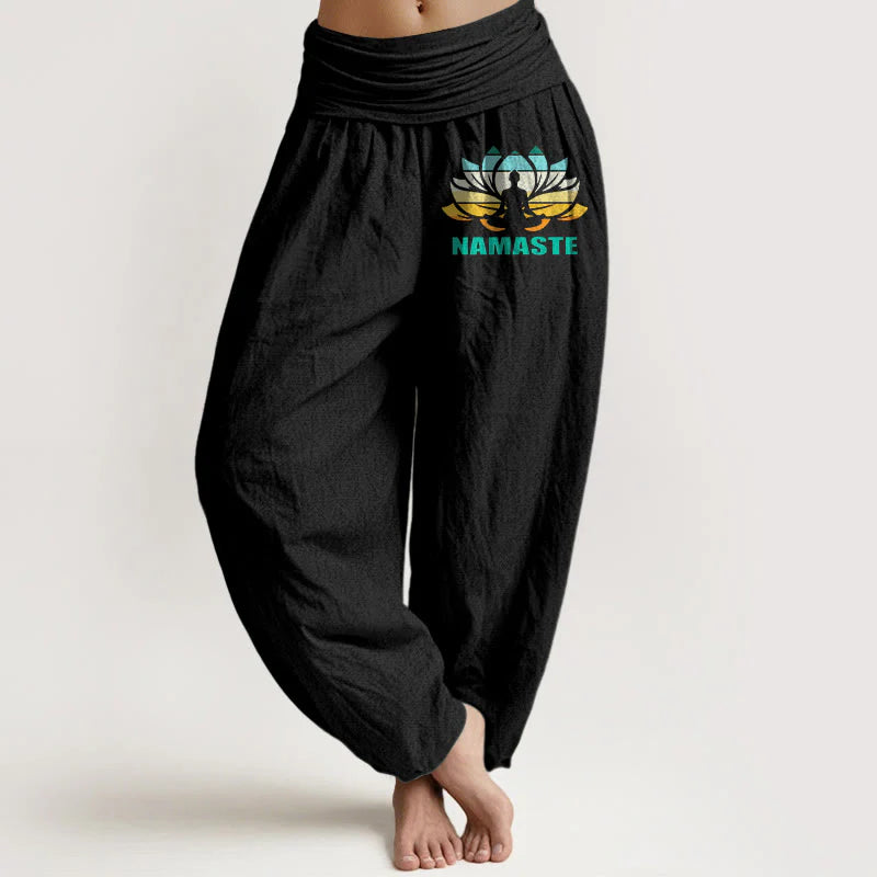 Buddha Stones Namaste Meditating Figure Lotus Pattern Women's Elastic Waist Harem Pure Cotton Pants