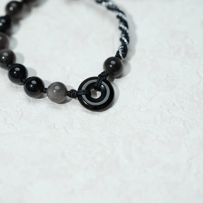 Buddha Stones Natural Black Obsidian Peace Buckle Purification Black Rope Bracelet