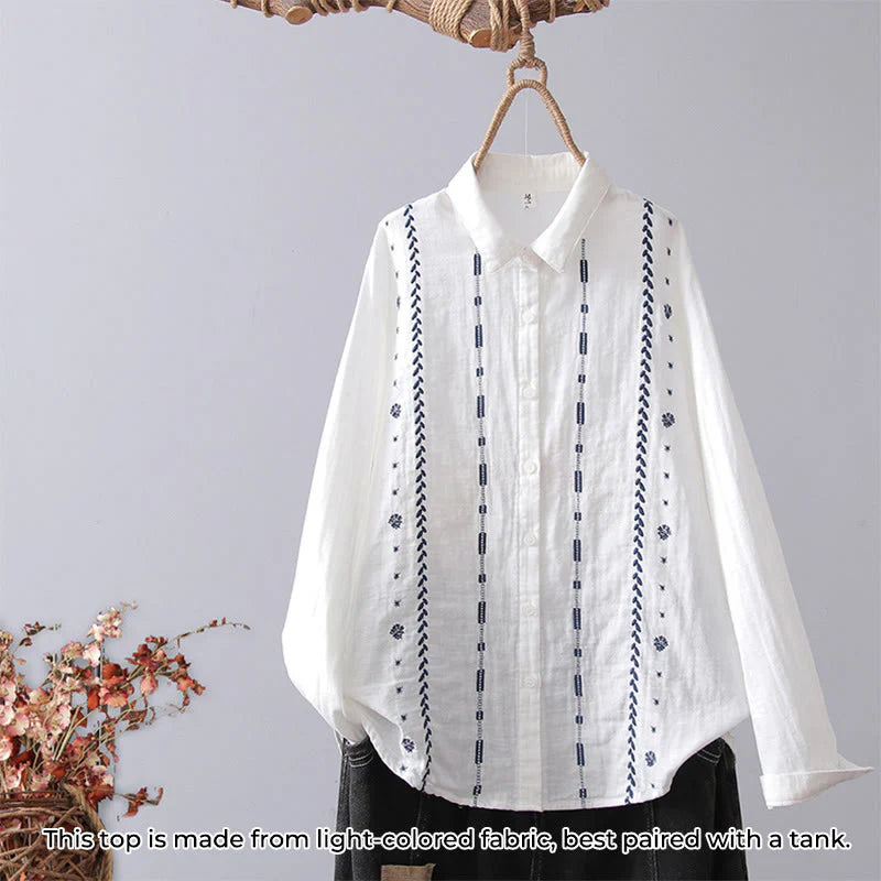 Buddha Stones Fall White Geometric Striped Flower Embroidery Button Women's Cotton Long Sleeve Shirt