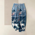 Buddha Stones Pure Cotton Pink Blossom Deer Mountain Pattern Women's Elastic Waist Pants With Pockets