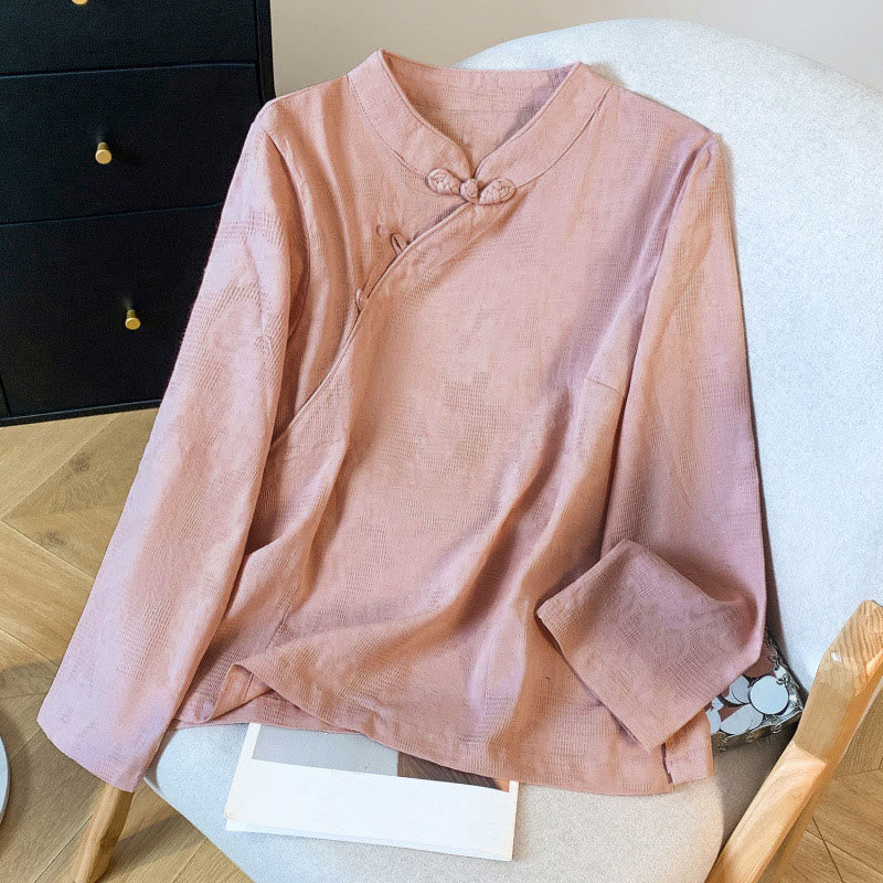 Buddha Stones Commute Jacquard Chinese Frog-Button Mandarin Collar Long Sleeve Women's Cotton Shirt
