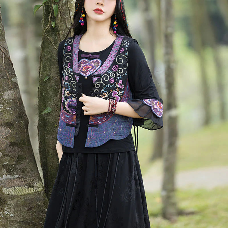 Buddha Stones Vintage Frog-Button Embroidery Purple Flower Tang Suit Design Sleeveless Vest (Extra 30% Off | USE CODE: FS30)