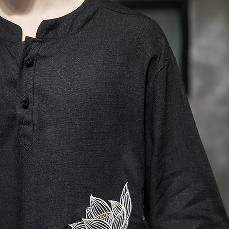 Buddha Stones Summer Embroidered Lotus Dragonfly Pattern Chinese Frog-Button Men's Short Sleeve T-shirt