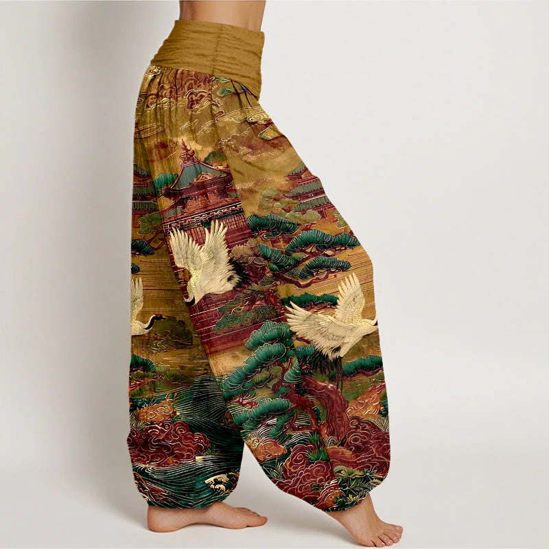 Buddha Stones Cotton Exquisite Crane Architecture Pine Tree Cloud Pattern Women's Elastic Waist Harem Pants