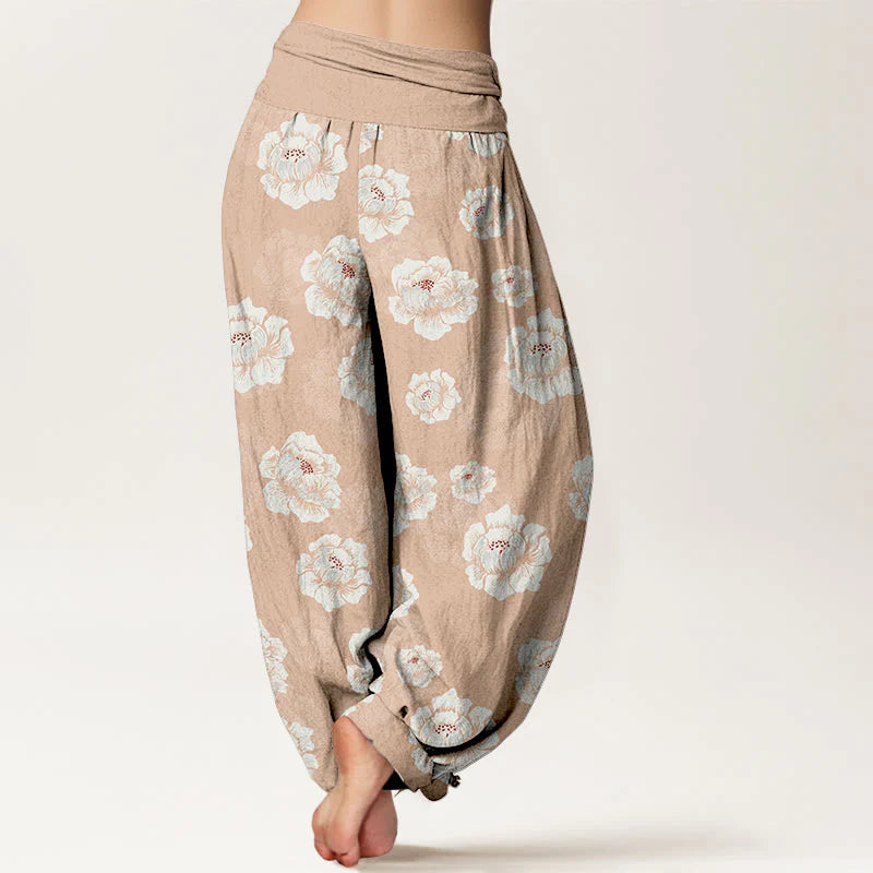 Buddha Stones Cotton Elegant White Flowers Pattern Women's Elastic Waist Harem Pants