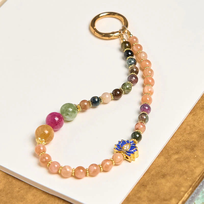Buddha Stones Tourmaline Sun Stone Lotus Positive Key Chain Phone Hanging Decoration