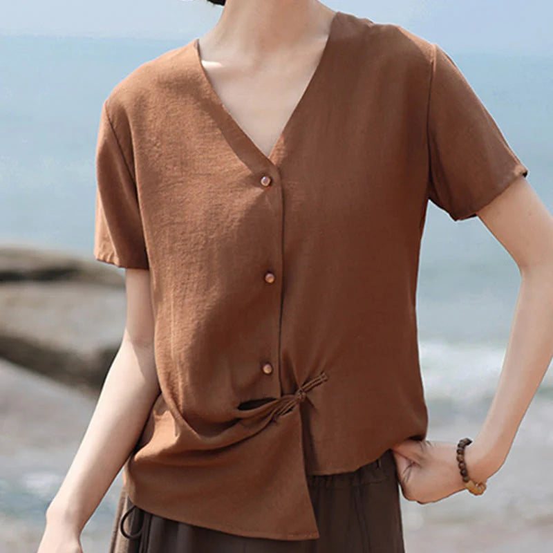 Buddha Stones Button Irregular Design V-Neck Cotton Linen Women's Short Sleeve Shirt