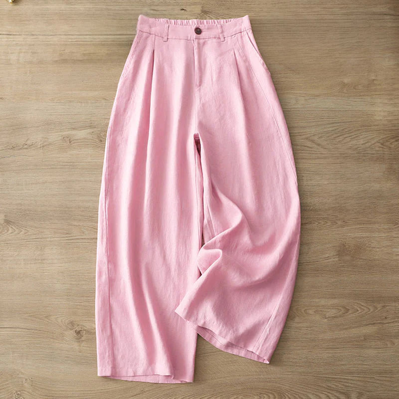 Buddha Stones Women's Fall Commute Solid Color Zipper Design Cotton Wide Leg Pants With Pockets