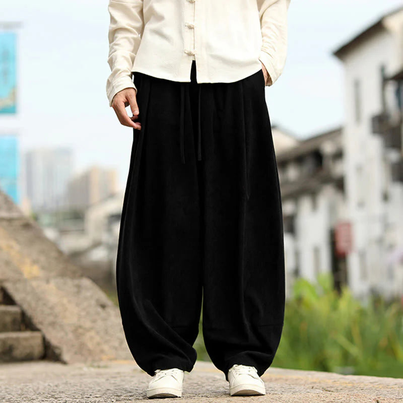 Buddha Stones Fall Solid Elastic Waist Drawstring Men's Harem Pants With Pockets