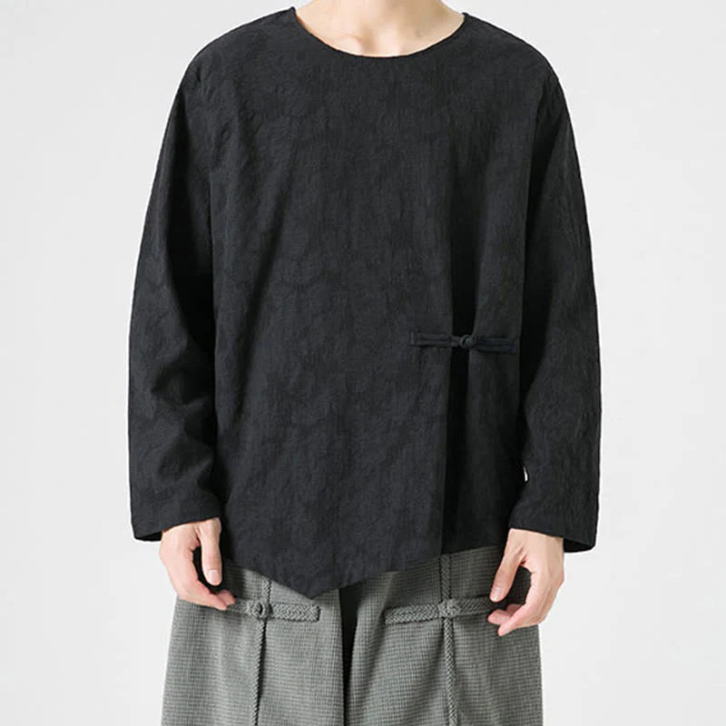 Buddha Stones Men's Chinese Frog-Button Plain Design Cotton Long Sleeve T-Shirt Zen Clothing