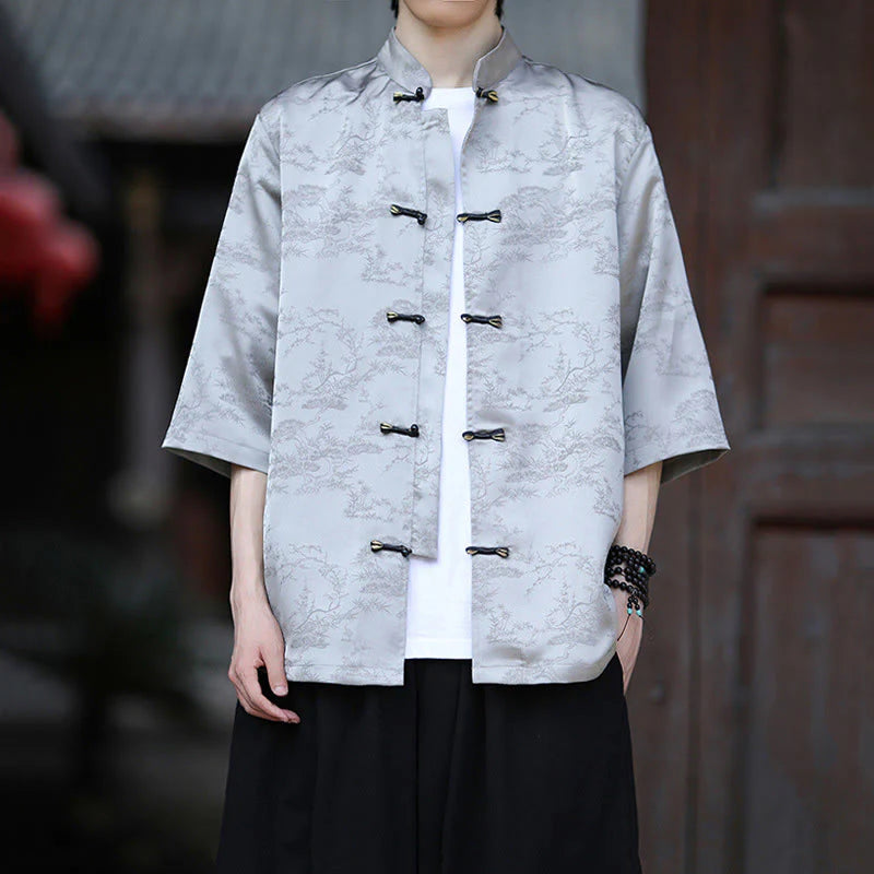 Buddha Stones Summer Pine Tree Mountain Pattern Half Sleeve Frog-Button Design Men's Shirt