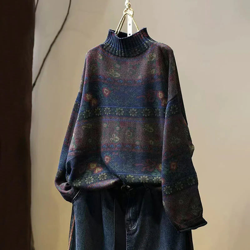 Buddha Stones Winter Color-block Flower Pattern Mock Neck Long Sleeve Women's Cotton Sweater